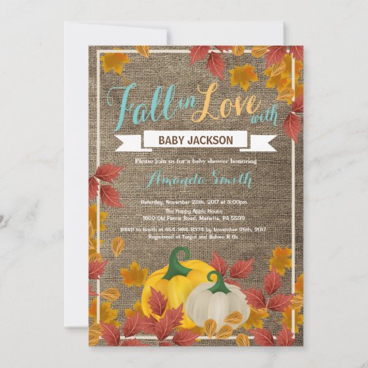 Rustieke herfst pompoen aqua babyshower uitnodigin kaart (Voorkant)