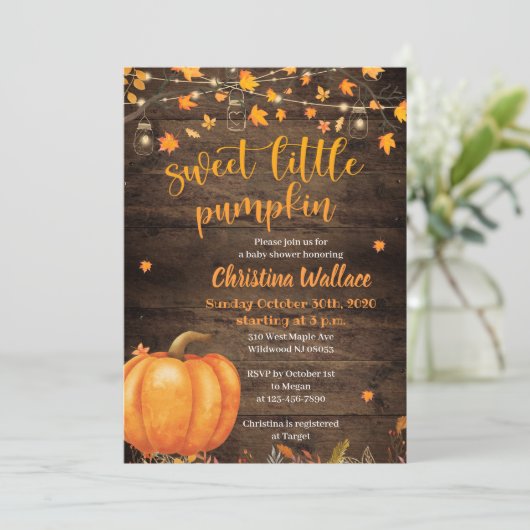 Rustieke Herfst Pompoen Baby Shower Uitnodigingen (Staand voorkant)