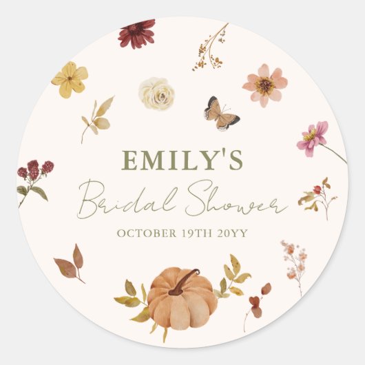 Rustieke herfst pompoen bloem bruidsdouche ronde sticker (Voorkant)