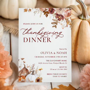 Rustieke Herfst Pompoen Bloemen Thanksgiving Diner Kaart