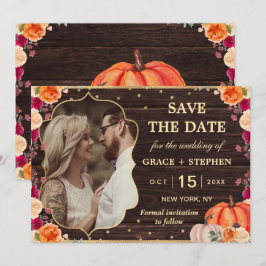 Rustieke herfst pompoen bloemige trouw save the da date