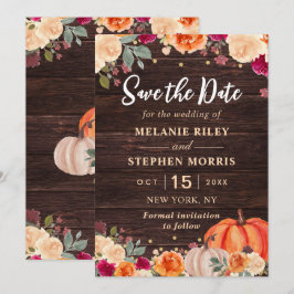 Rustieke herfst pompoen bloemige trouw save the da date