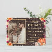 Rustieke herfst pompoen bloemige trouw save the da date (Staand voorkant)