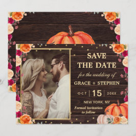Rustieke herfst pompoen bloemige trouw save the da date