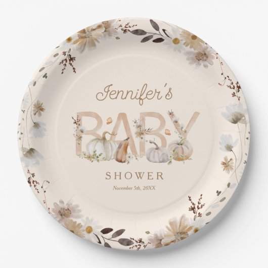 Rustieke Herfst Pompoen en Bloemen Baby shower Papieren Bordje (Voorkant)