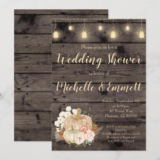 Rustieke Herfst Pompoen Gold Wedding Shower Invita Kaart (Voorkant / Achterkant)
