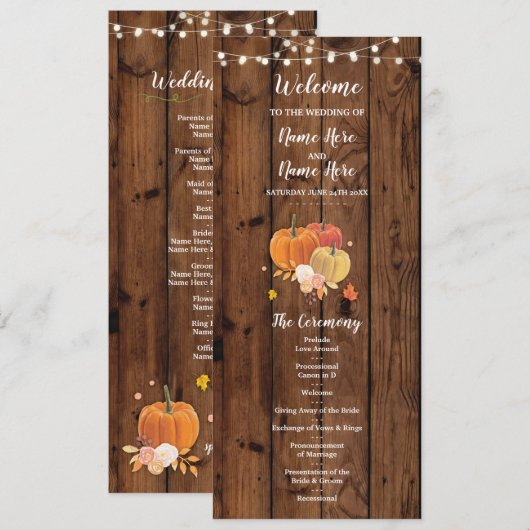 Rustieke herfst pompoen houten trouwprogramma deta kaart (Voorkant / Achterkant)