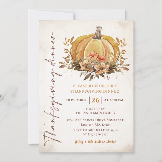 Rustieke Herfst Pompoen Thanksgiving Diner Waterve Kaart (Voorkant)