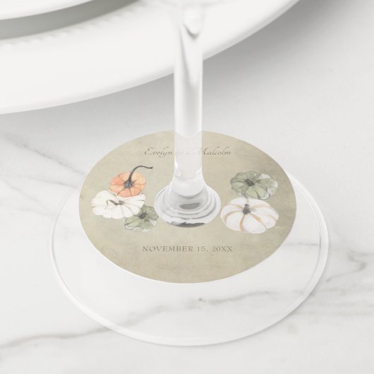 Rustieke herfst pompoenen herfst bruiloft wijnglaslabel (Dichtbij)