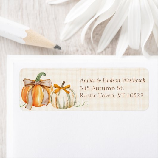 Rustieke Herfst Pompoenen met Schattigee Bogen Her Etiket (Insitu)