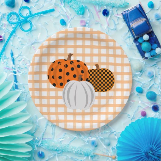 Rustieke Herfst Pompoenen Sinaasappel Plaid Thanks Papieren Bordje (Feest)