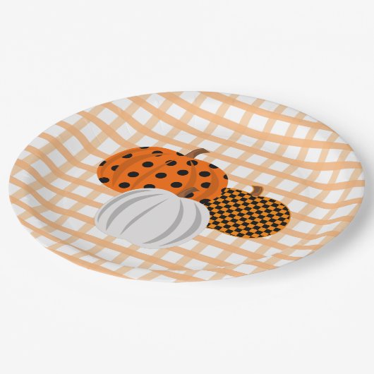 Rustieke Herfst Pompoenen Sinaasappel Plaid Thanks Papieren Bordje (Gekanteld)