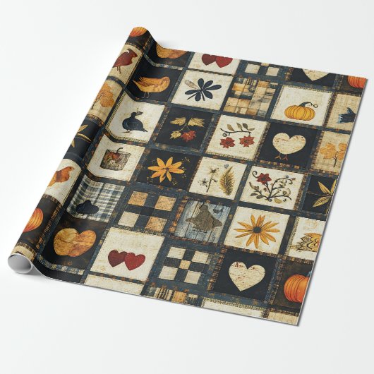 Rustieke herfst quilt patroon | lappendeken cadeaupapier (Uitgerold)