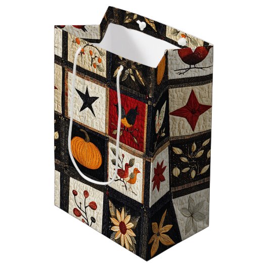 Rustieke herfst quilt patroon | Oogst Folk Motieve Medium Cadeauzakje (Voorkant Gekanteld)