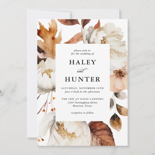 Rustieke herfst romantische bloemenbruiloft kaart (Voorkant)