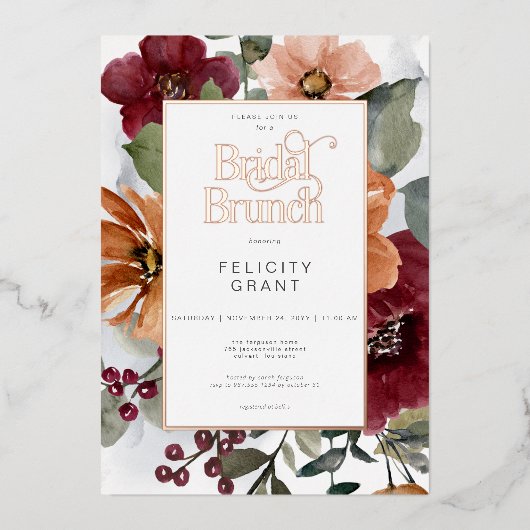 Rustieke Herfst Rust & Bourgondië Floral Bridal Br Folie Uitnodiging (Voorkant)
