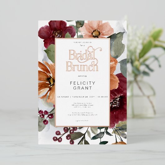 Rustieke Herfst Rust & Bourgondië Floral Bridal Br Folie Uitnodiging (Staand Voorkant)