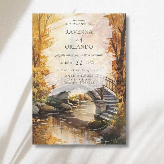 Rustieke herfst stenen brug rivier herfst bruiloft kaart