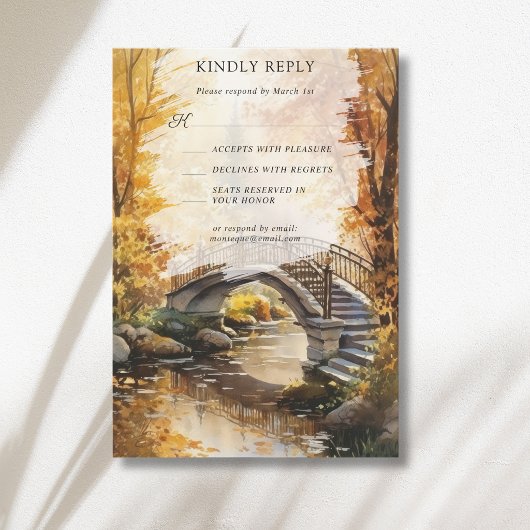 Rustieke herfst stenen brug rivier herfst bruiloft RSVP kaartje