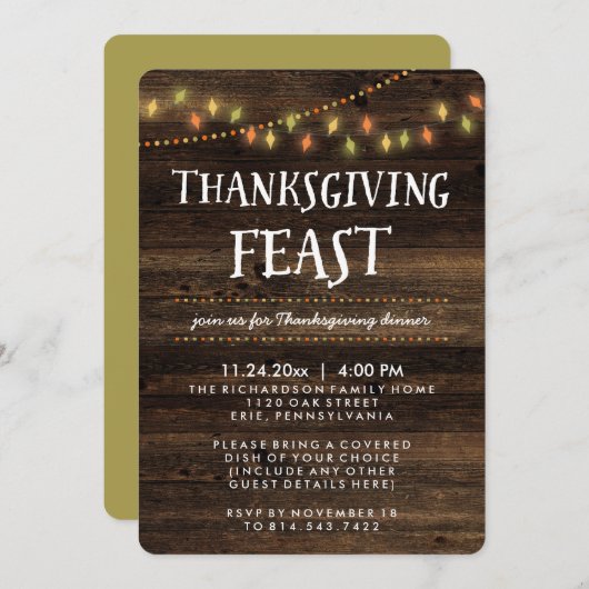 Rustieke Herfst String Lights en Hout Thanksgiving Kaart (Voorkant / Achterkant)