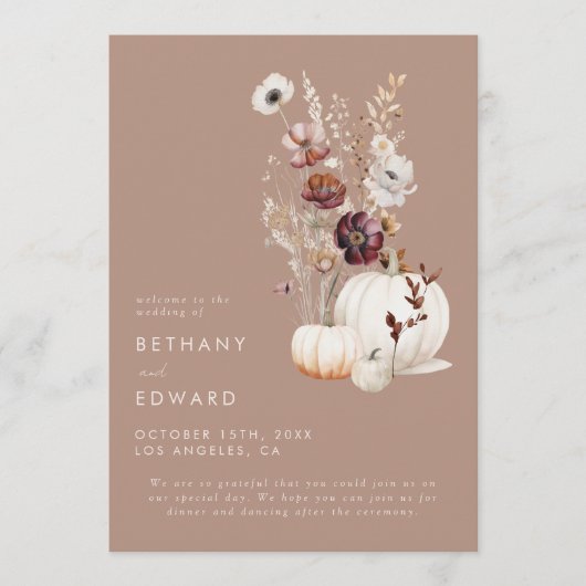 Rustieke Herfst Taupe Bloemenpompoen bruiloft Programmakaart (Voorkant)