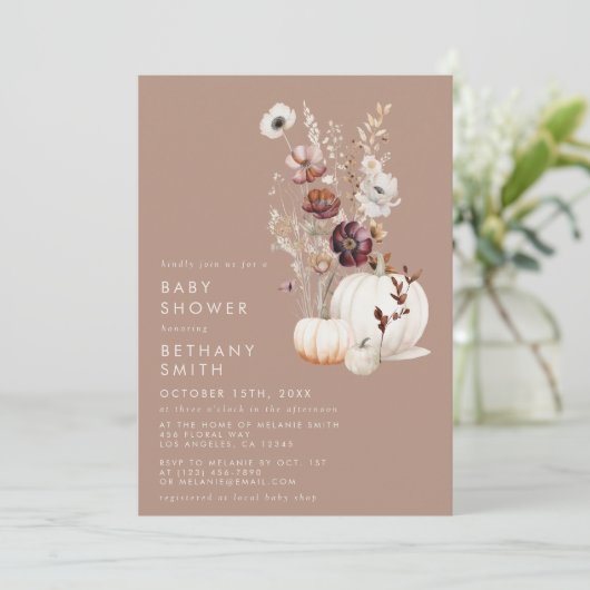 Rustieke Herfst Taupe Floral Pompoen Baby shower Kaart (Staand voorkant)
