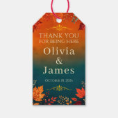 Rustieke herfst teal en oranje bladeren Bruiloftsg Cadeaulabel (Voorkant)
