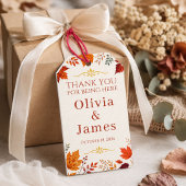 Rustieke herfst teal en oranje bladeren Bruiloftsg Cadeaulabel