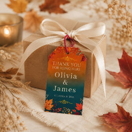 Rustieke herfst teal en oranje bladeren Bruiloftsg Cadeaulabel