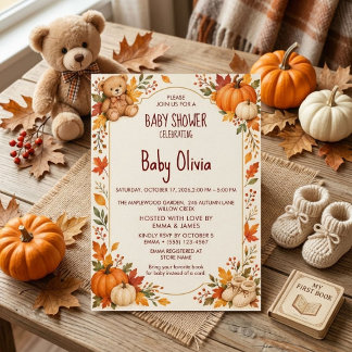 Rustieke Herfst Teddybeer Herfstpompoenen Baby Sho Kaart