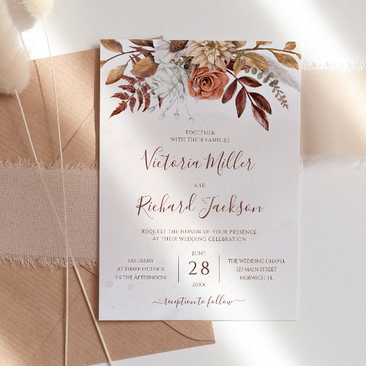 Rustieke herfst terracotta bloemen bruiloft kaart