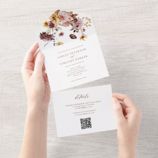 Rustieke Herfst Terracotta Bloemenbruiloft QR All In One Uitnodiging (Afscheurbaar)