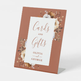 Rustieke herfst terracotta bloemkaarten en -cadeau reclamebord met voetstuk