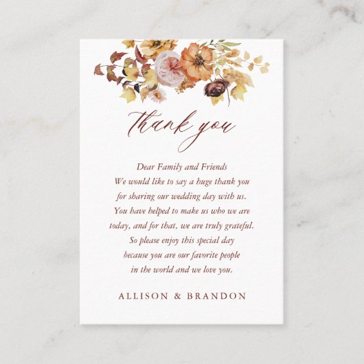 Rustieke Herfst Terracotta Boho bruiloft Dank u Plaatskaartje (Voorkant)