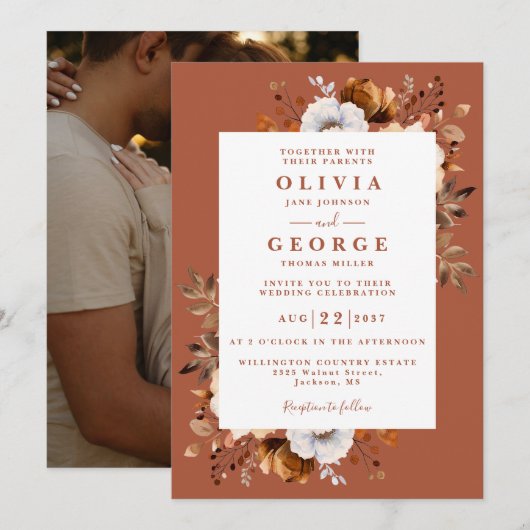 Rustieke Herfst Terracotta Modern Floral Foto Brui Kaart (Voorkant / Achterkant)