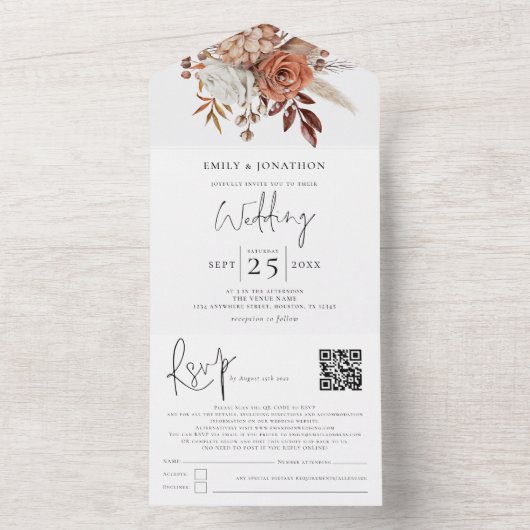 Rustieke Herfst Terracotta Rust Florals All In One Uitnodiging (Binnen)