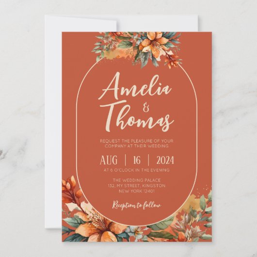 Rustieke Herfst Terracotta Waterverf Bloemen Huwel Kaart (Voorkant)