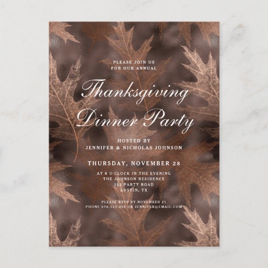 Rustieke herfst verlaat Thanksgiving Dinner Party Uitnodiging Briefkaart (Voorkant)