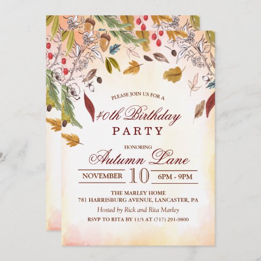 rustieke herfst verlaat uitnodiging voor verjaarda (Voorkant / Achterkant)