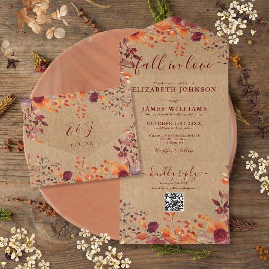 Rustieke Herfst Verliefd Hertenbloem QR Code Trouw All In One Uitnodiging