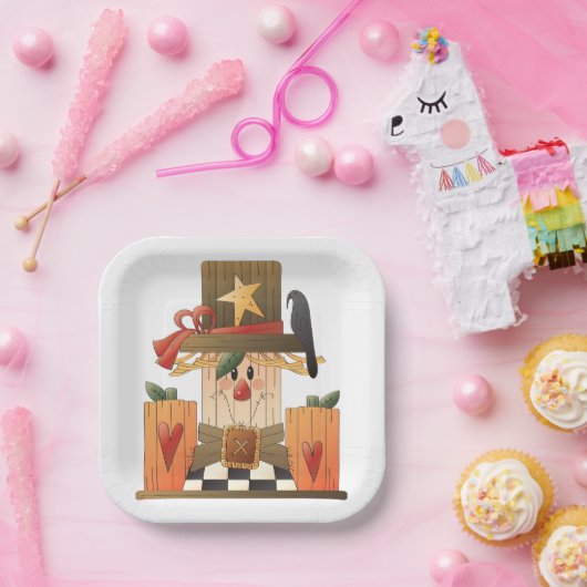 Rustieke Herfst vogelverschrikker met pompoenen en Papieren Bordje (Feest)