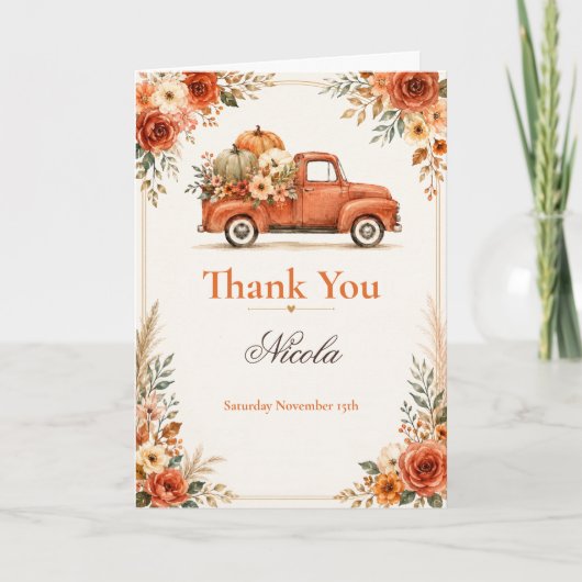 Rustieke herfst-vrachtwagen babyshower bedankkaart (Voorkant)