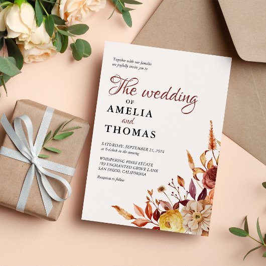 Rustieke Herfst Warm Waterverf Bloemen Boeket Huwe Kaart