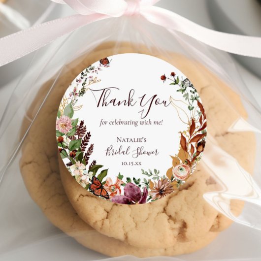 Rustieke Herfst Waterverf Bloem en Groene Dank Je Ronde Sticker