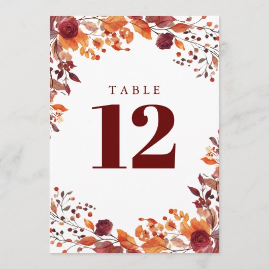 Rustieke Herfst Waterverf Bloemtafel Nummer Kaart (Voorkant)