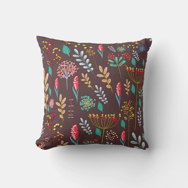 Rustieke herfst wilde bloemenweide op chocoladebru kussen (Voorkant)