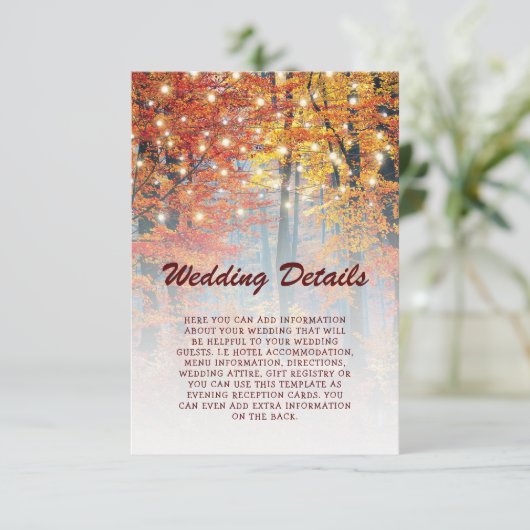 Rustieke Herfst Woodland String Lights Bruiloft De Informatiekaartje (Staand voorkant)
