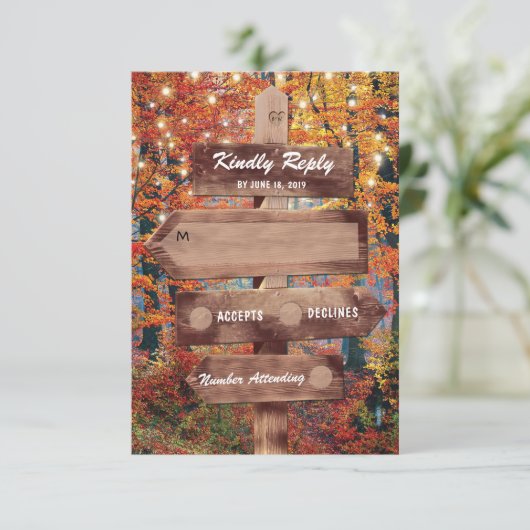 Rustieke Herfst Woodland String Lights Bruiloft RS RSVP Kaartje (Staand voorkant)