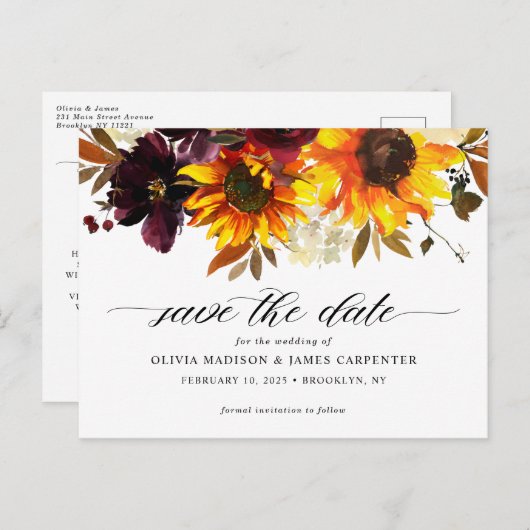 Rustieke Herfst Zonnebloem Bloemen Huwelijk Save t Aankondigingskaart (Voorkant / Achterkant)