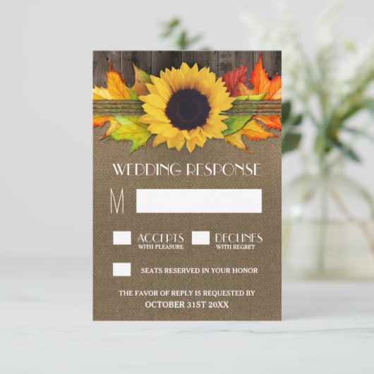 Rustieke Herfst Zonnebloem + Burlap Wedding RSVP K Kaartje (Staand voorkant)
